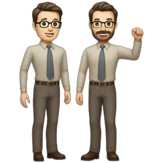 To belt Actively gesturing with hands Pale skinned fit man with dark brown hair in gray jacket, beige office shirt, brown tie, brown pants and vintage glasses. emoji