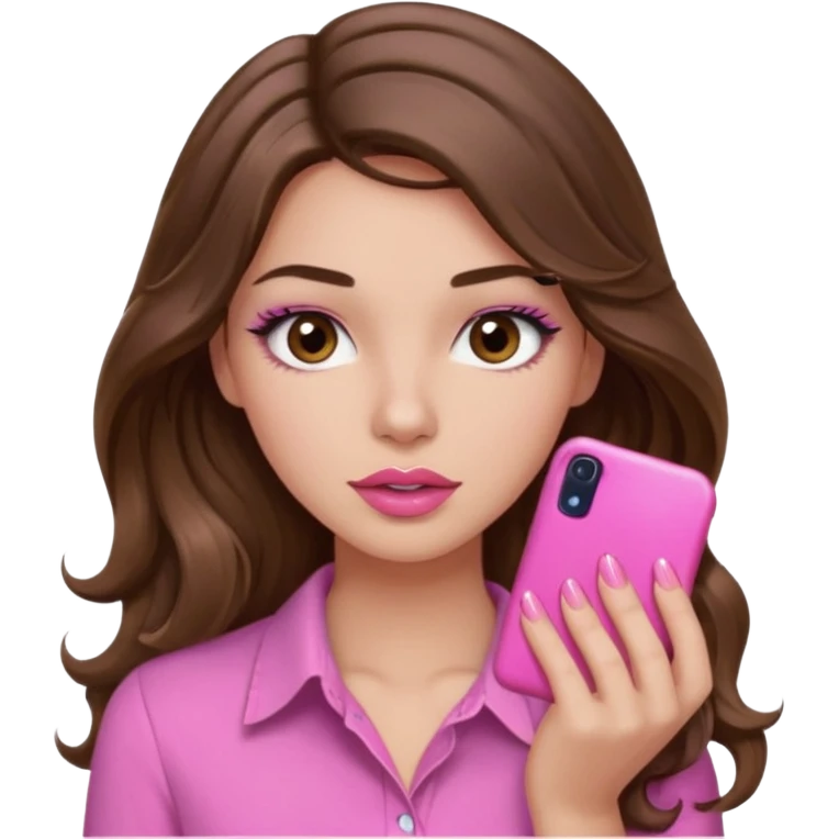 girl with long wavy brown hair, brown eyes, light to medium complexion, in a pink shirt, pink lips, long lashes, puckered lips, showing off a pink manicure emoji
