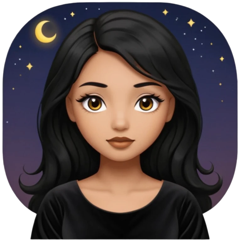 She has round head with oversized glossy eyes that dominate her face, giving her a dreamy expression. Her eyes are a warm brown with long lashes. She has light brown skin. Long jet black hair. She’s wearing a dark dress emoji