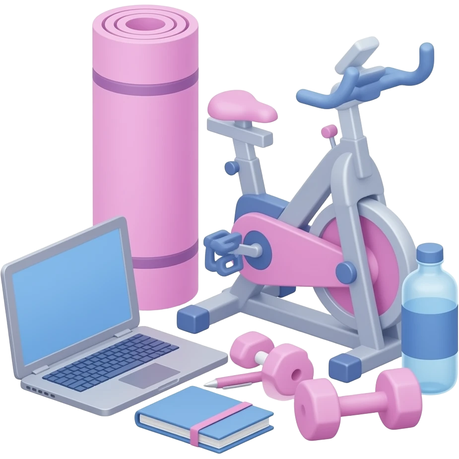 健身器材+学习用具，要求写实，不要卡通，主要用色为淡粉色和蓝色 emoji