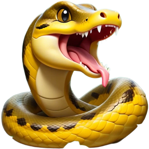 Cinematic Cute Yawning Anaconda Portrait Emoji, Head tilted slightly with a dramatic, wide-open yawn, showcasing a sinuous, scaled form with half-closed, drowsy eyes and an open, relaxed mouth, Simplified yet irresistibly adorable features, highly detailed, glowing with a soft, cozy jungle glow, high shine, relaxed yet expressive, stylized with a dash of whimsical reptilian charm, soft glowing outline, capturing the essence of a drowsy yet affectionate anaconda that appears ready to stretch out for a nap! emoji