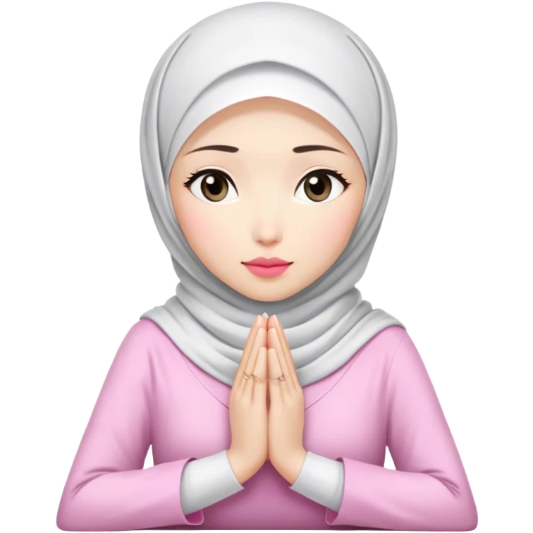 An white Asian woman, white hijab women are listening with her hands folded on the table. her lips is pink. emoji