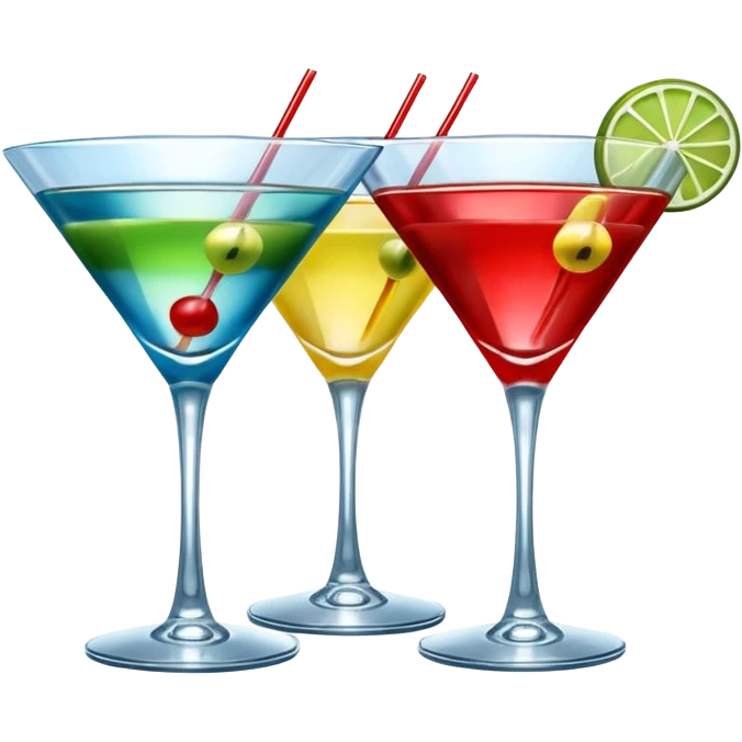 Create an two emoji of red and yellow martini cocktail, cheers with blue and green cocktail, no tube just cocktail in glass emoji