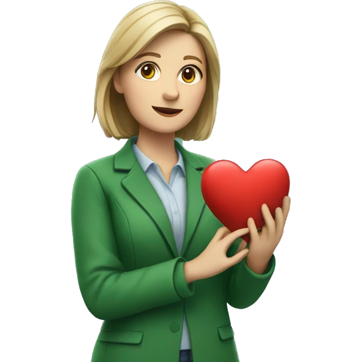 A European female teacher in a green jacket holds a heart in her hands emoji