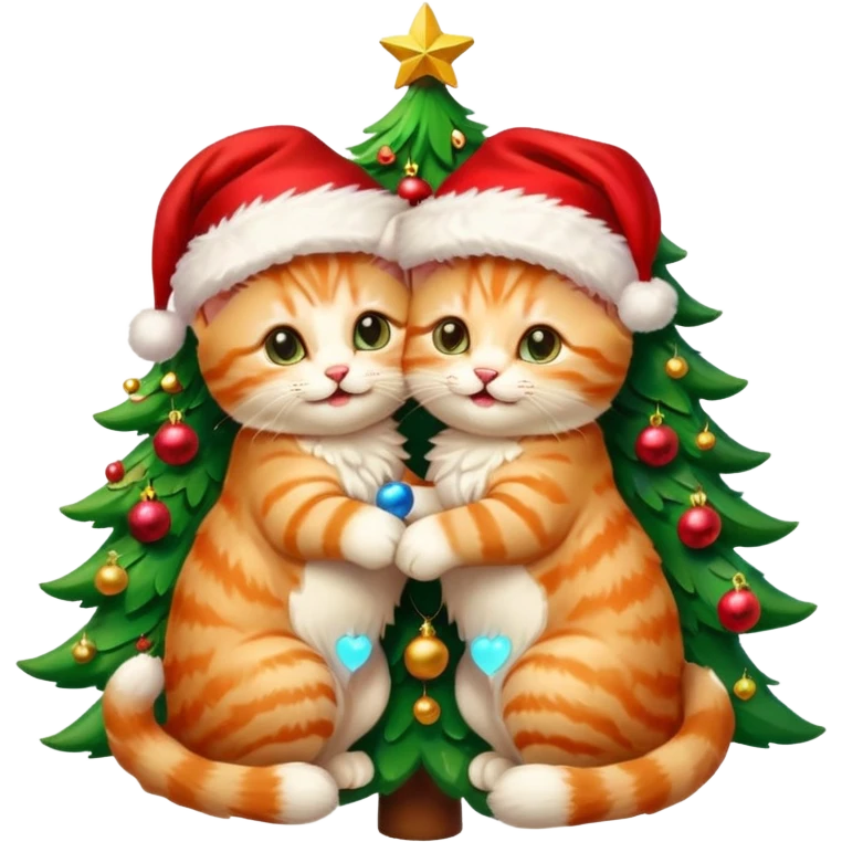 two hugging cream happy fluffy cute smiling kittens with Santa hats by a colorful multicolored brightly lit up Christmas tree emoji