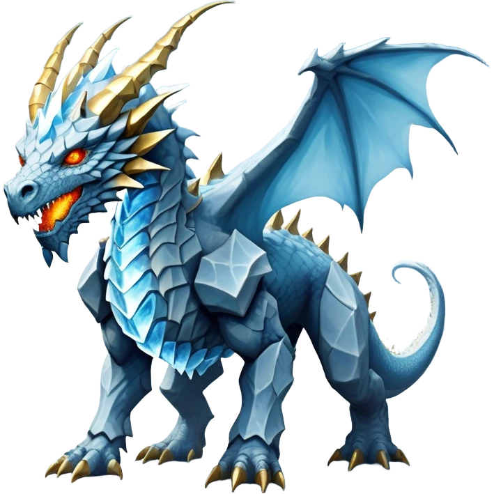This extraordinary hybrid creature combines the elemental power of an ice dragon with the raw physical might of a stone golem. Its core body resembles a cluster of angular, faceted stones that have been infused with magical ice energy. The creature's head features a draconic shape with curved horns and piercing amber-gold eyes, but parts of its face retain the jagged stone texture. Blue-white energy flows between the rock segments, creating glowing lines throughout its body. The creature has developed partial wings made of crystalline ice formations extending from its rocky frame, and its tail alternates between stone segments and ice spikes. Sharp teeth line its mouth, some appearing as polished stone, others as ice crystals. Frost continuously emanates from its body, and when it moves, it creates a distinctive sound of grinding stone and crackling ice. full body emoji