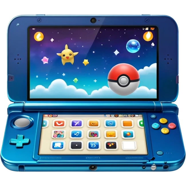 Nintendo 3DS XL Galaxy edition with a pokeball in the lower screen emoji