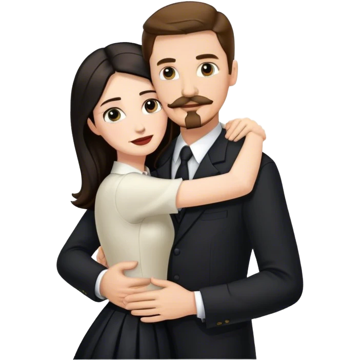 tall white man with brown hair goatee mustache hugging a pale woman with long black hair, wearing formal clothing emoji