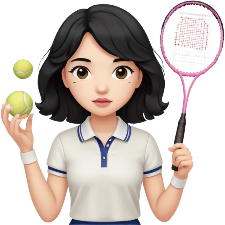 A girl with soft, gentle black hair with waves. She's wearing a white polo and tennis skirt, holding a badminton. She has really long lashes, slightly plump and pink lips as well as blushy cheeks. emoji