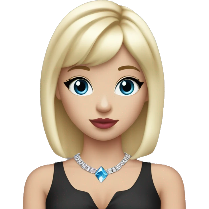 Blonde hair with bangs, blue eyes, girl, pink lips, black eyeliner, red blush on cheeks and nose, pink eyeshadow, black shirt with lower arms shown shoulder, silver necklace with little blue diamond, holding little white pipe in one hand emoji