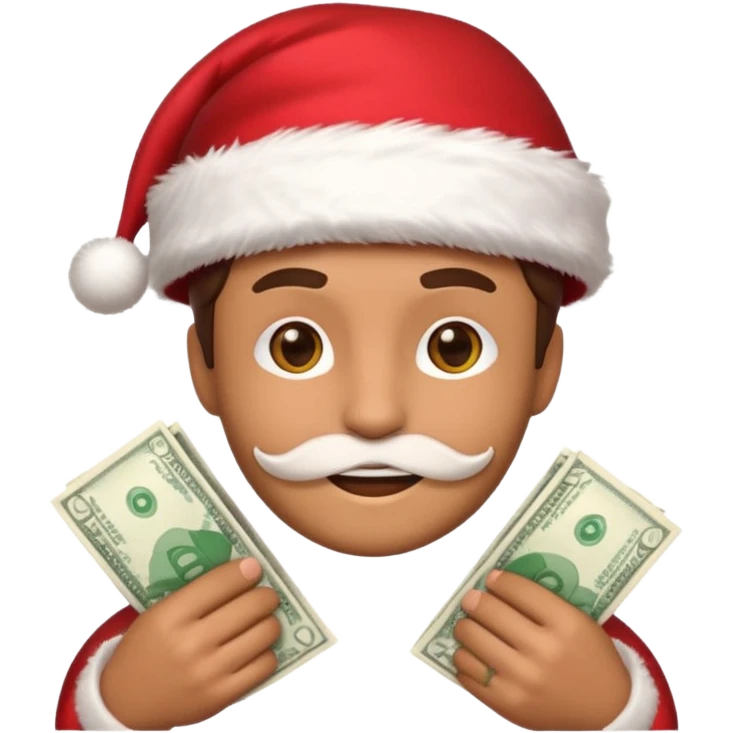 A confident rich emoji face wearing a Santa hat, money stacks, casino vibe, New Year theme, premium 3D emoji style, sharp details, no text, isolated on transparent background emoji