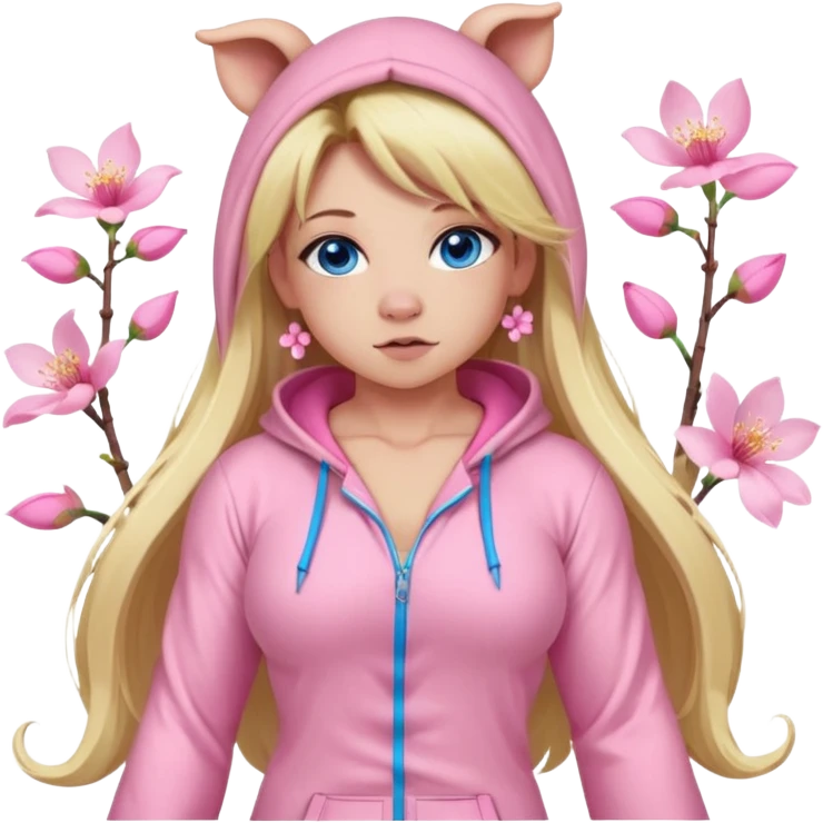 sexy and muscled, full body, in pink kegurumi pijamas, pig hood, sexy woman, long blond hair, beautiful blue eyes, makeup, earrings, muscled, surrounded by pink flowers and sakura petals emoji