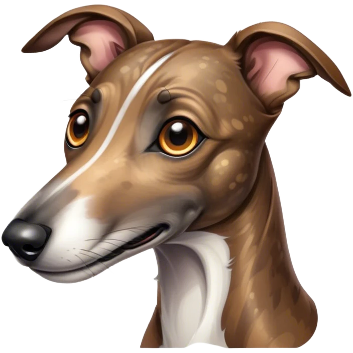 Cinematic Cute Brindle Greyhound Portrait Emoji, Head tilted playfully and inquisitively, featuring a sleek brindle Fur with subtle variations and round, sparkling eyes filled with curiosity, Simplified yet irresistibly adorable features, highly detailed, glowing with a warm, friendly glow, high shine, affectionate and nimble, stylized with a touch of whimsy, bright and endearing, soft glowing outline, capturing the essence of a mischievous yet loving companion, so playful it feels like it could sprint out of the screen and into your arms! emoji