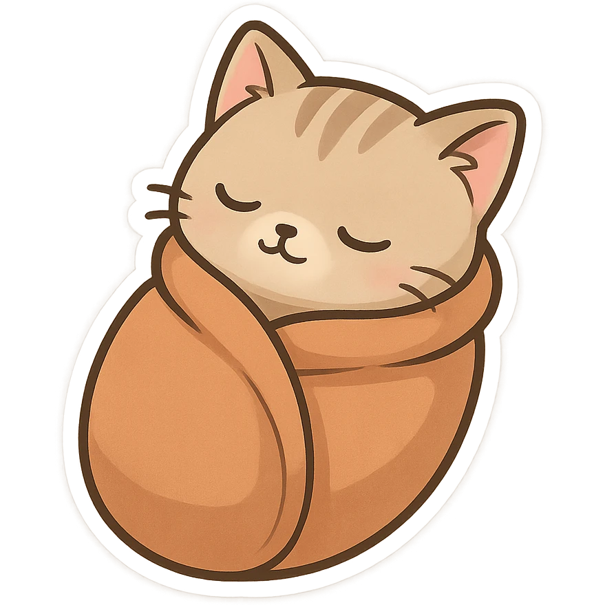 A sleeping kitten, rolled up in a blanket like a burrito emoji