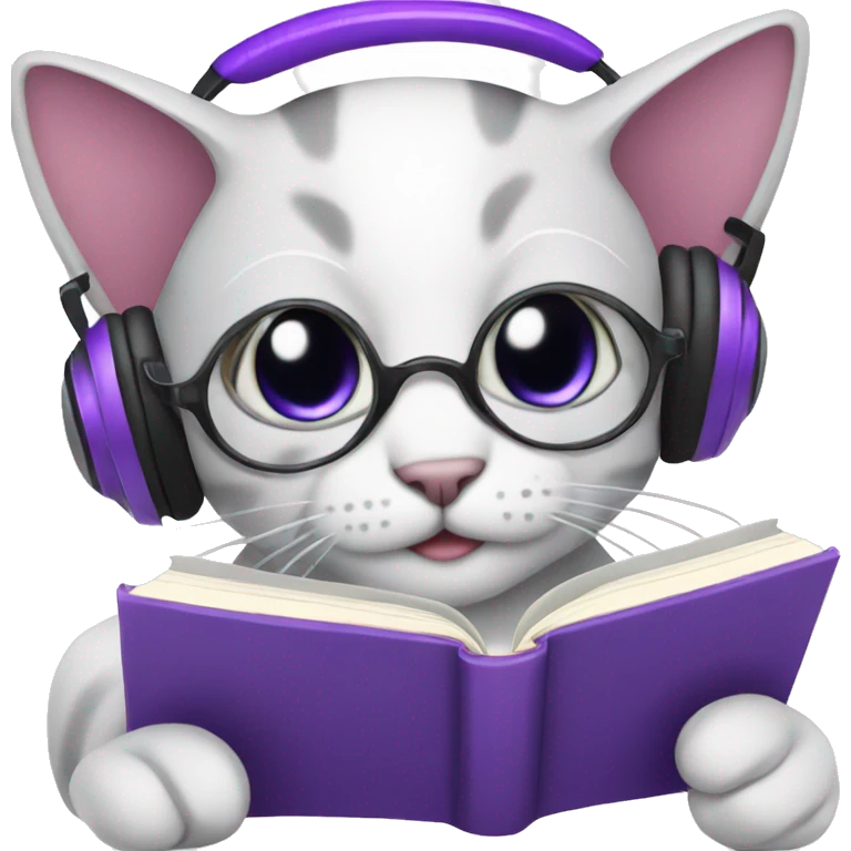 Cat with purple headphones reading a book emoji