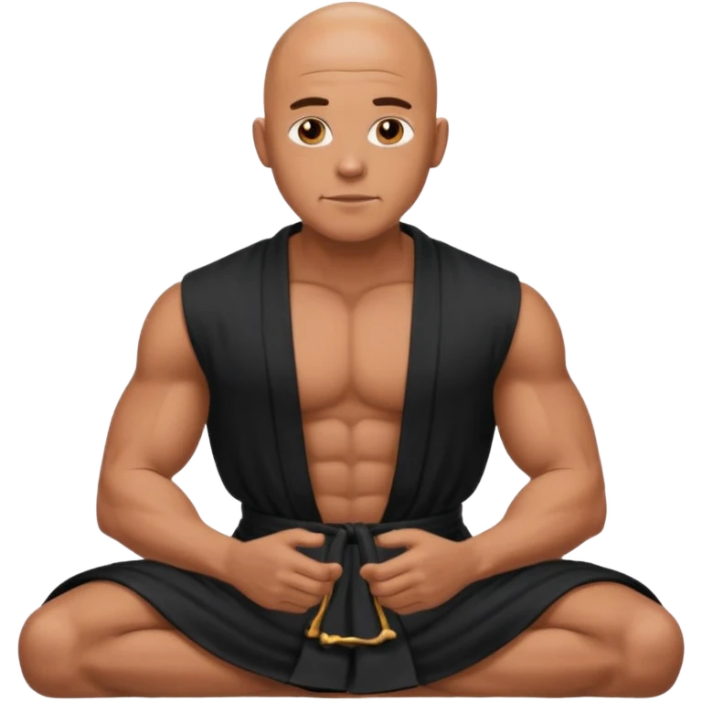 fullbody jacked bald guy, sleeveless and unbuttoned in full black robe sitting emoji