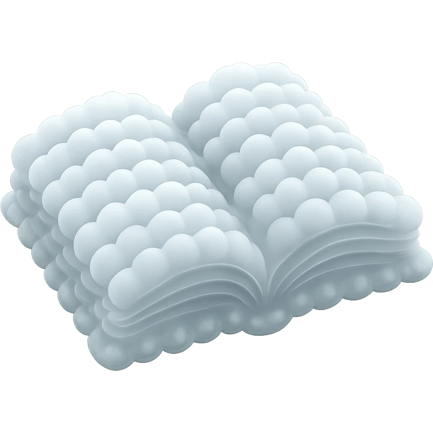 thick open book made entirely of small, very bright white fluffy convex clouds, matte glass style emoji