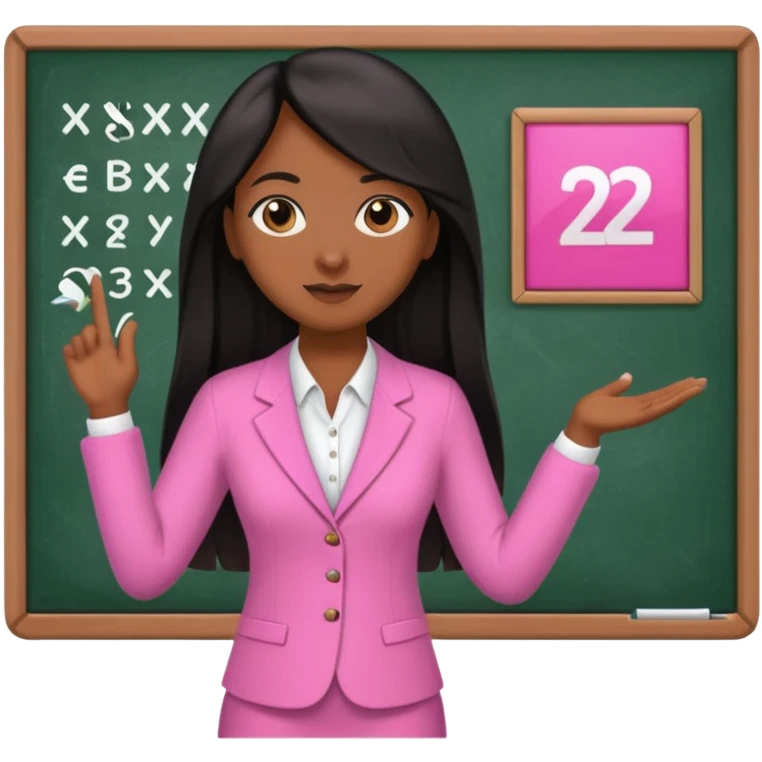 a brown skin teacher with hair with black straight long hair wearing pink not hot pink 2 piece set teaching up on a board the board  emoji