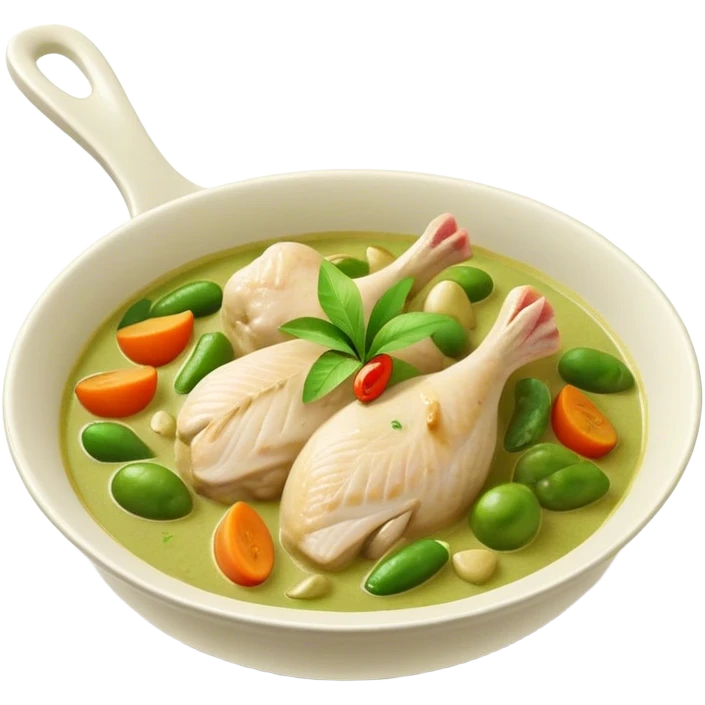 Cinematic Realistic Green Chicken Curry Dish Emoji, depicted with tender chicken simmered in a fragrant green curry sauce with vegetables rendered with rich textures and dynamic, vibrant lighting. emoji