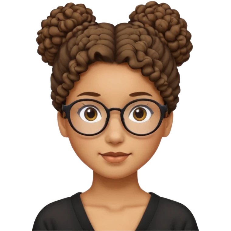 un chica con pelo rizado el peinadpo: un recogido osea todo el pelo recogido menos dos mechones alante que le llega hasta el cuello. luego pil un poco morena ojos marrones y tiene gafas negras y son exagonales pero un poco redondeadas.  emoji