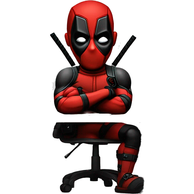 Cute Deadpool sitting at a desk, front view emoji