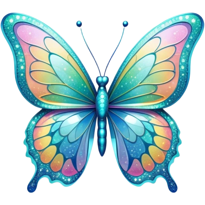 Pastel sparkly cyan glittery iridescent rainbow transparent butterfly with detailed intricate patterns emoji