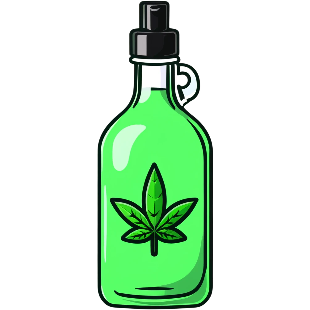 Curved red glass bottle like Coca-Cola with a green cannabis leaf printed on it and a label emoji