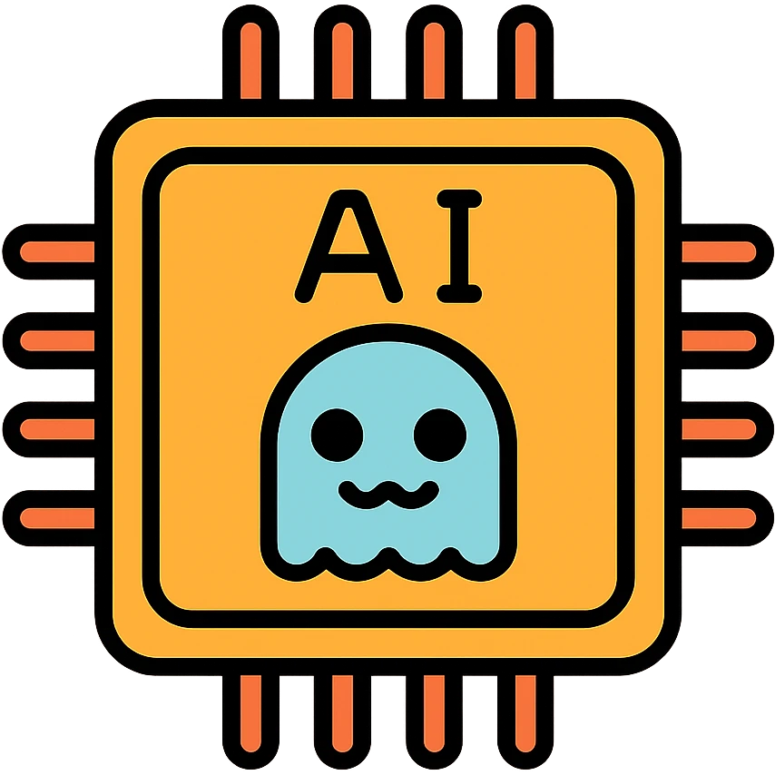 color outline icon of an AI chip with a friendly face, cool and a bit spooky emoji