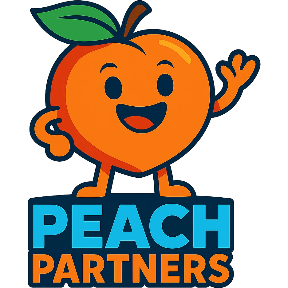 friendly peach mascot for 'Peach Partners' logo, vibrant toon style, vibrant colors, cheerful expression emoji