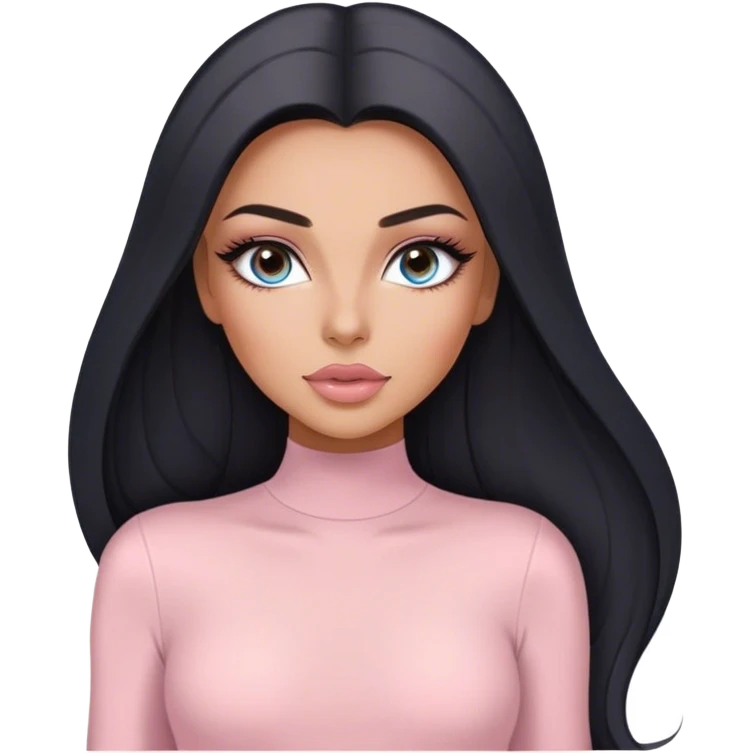 Glamours, tanned, very beautiful girl, with big pump peach-beige-rose lips, long long lashes, black straight smooth silky long hair, straight parting hair, blue-grey eyes in light pink long-sleeves bodysuit emoji