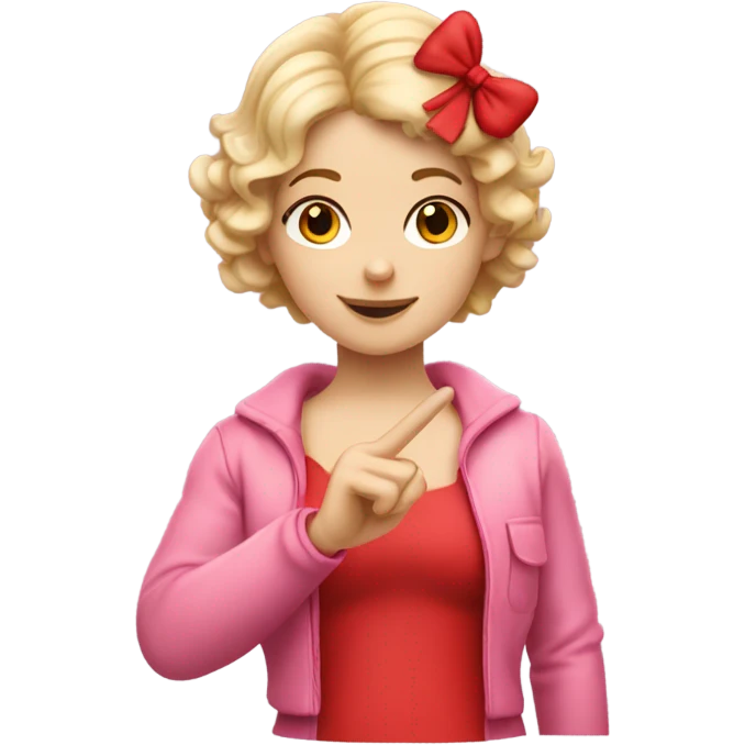 Realistic isolated Caucasian female cupid character with short curly blonde hair holding up peace fingers with red and pink outfit and red bow in her hair. emoji
