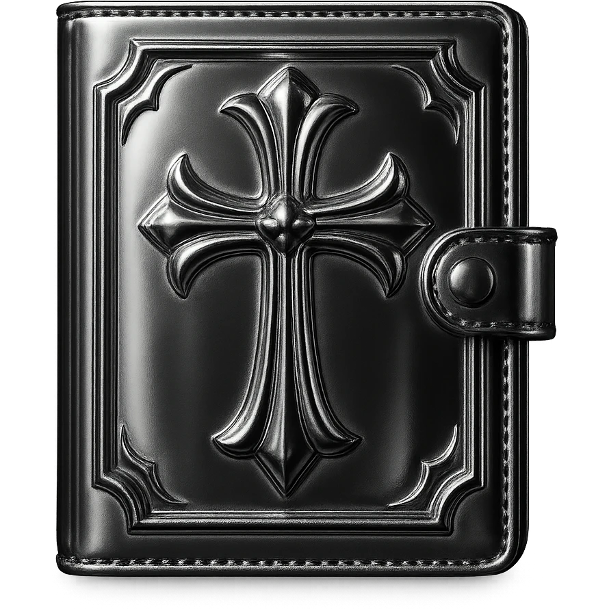 pink and black gothic wallet, metallic shine, reflective, futuristic gothic details emoji