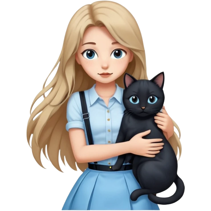 A sexy girl with long hair wearing a light blue suspender skirt hugs a black cat tightly emoji