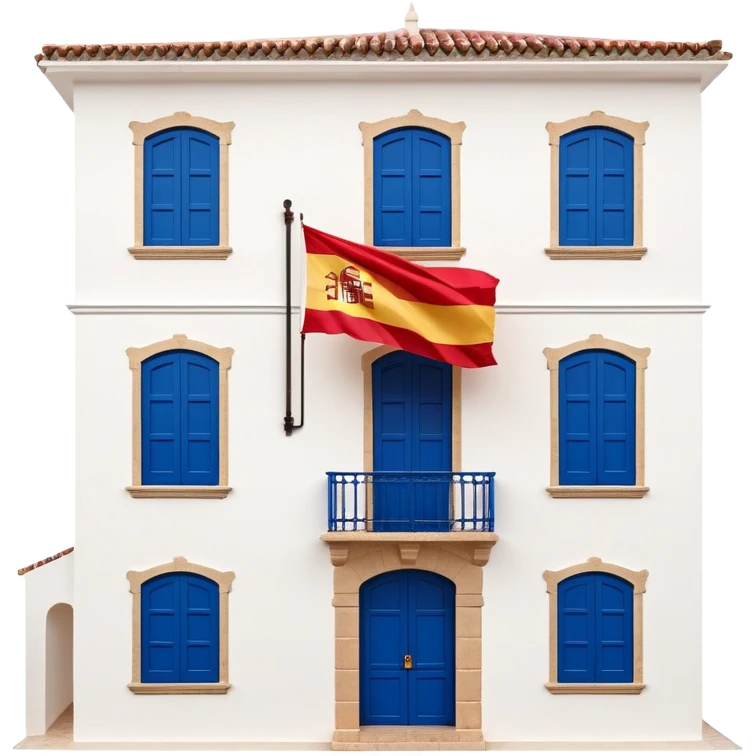 Andalusian-style Spanish house with white walls, blue windows, Spanish flag (red-yellow-red horizontal stripes) hanging from a small flag pole on the facade emoji