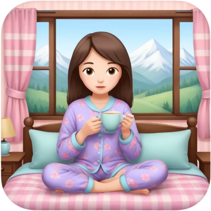 girl in cozy pajamas drinking tea, pastel room, calm atmosphere emoji