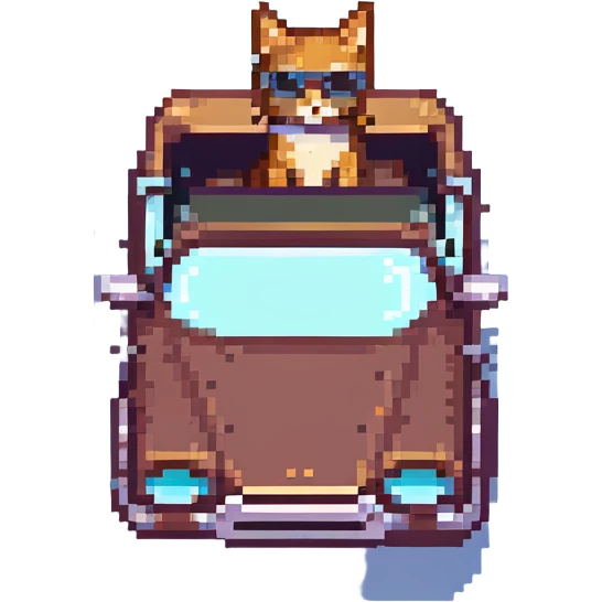 chat avec des lunettes de soleil dans une voiture décapotable, style pixel art emoji
