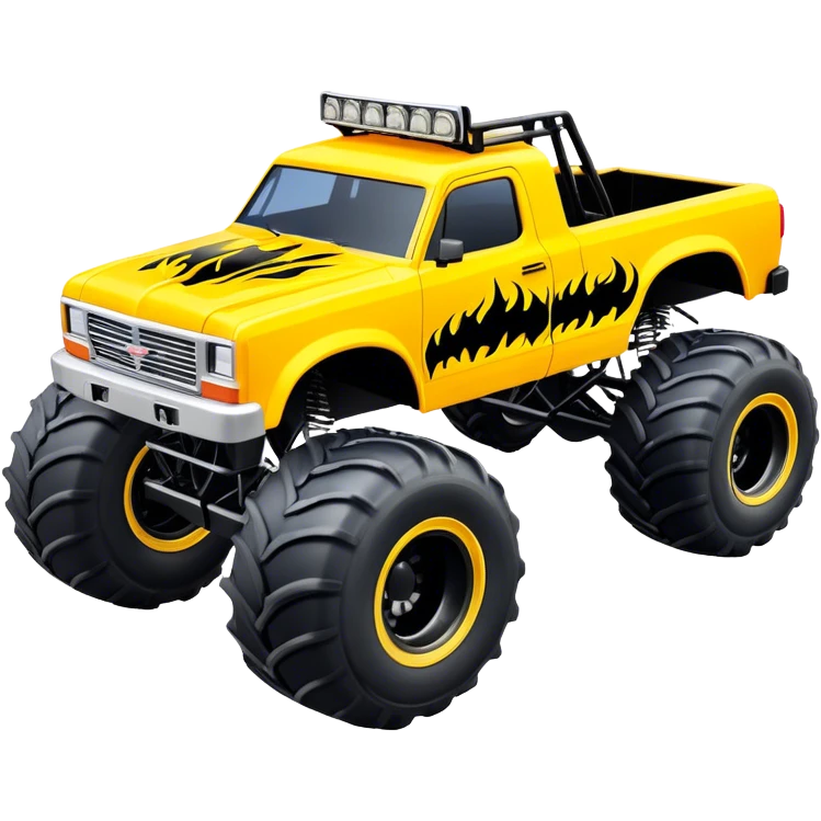 Maximum Destruction - Monster Jam (Model Year: 2021) (Iconic colour: Yellow with black flames) - A ferocious monster truck featuring a vivid yellow base accented by dramatic black flame patterns. Emphasize sharp, high-contrast flame streaks across the body, creating a look of aggressive, explosive energy. emoji
