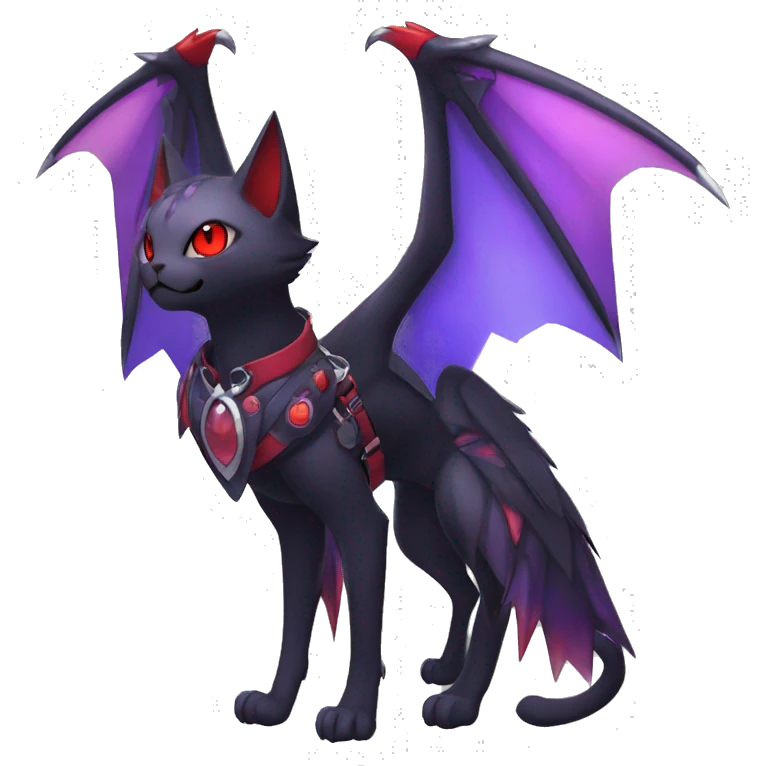 Kawaii cool edgy beautiful black red purple ethereal fantasy nargacuga-noivern-cat-Fakemon collar harness full body emoji