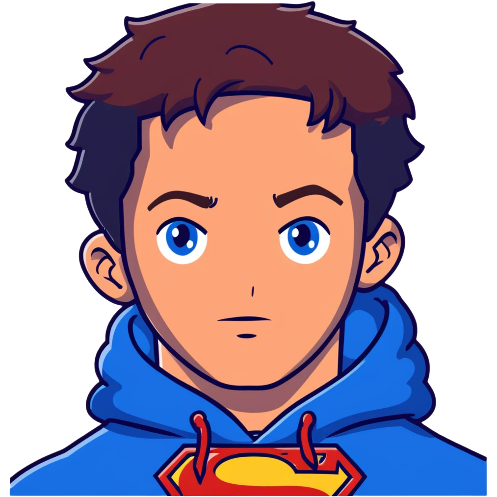  human Adult male with blue eyes, freckles and redish messy hair and trimmed facial hair wearing a blue superman hoodie and a black backwards baseball cap emoji