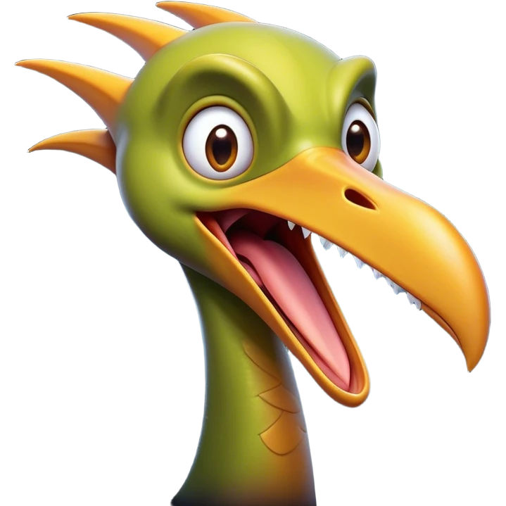 Cinematic Comical Pterodactyl Portrait Emoji, Head tilted dramatically with an exaggeratedly shocked expression, featuring a sleek, streamlined body with a quirky, animated beak and wide, comically expressive eyes full of playful disbelief, Simplified yet hilariously expressive features, highly detailed, glowing with a slightly sassy ethereal glow, high shine, dramatic yet playful, stylized with an air of cheeky prehistoric mischief, soft glowing outline, capturing the essence of a meme-worthy Pterodactyl that looks ready to side-eye its way into viral fame! emoji