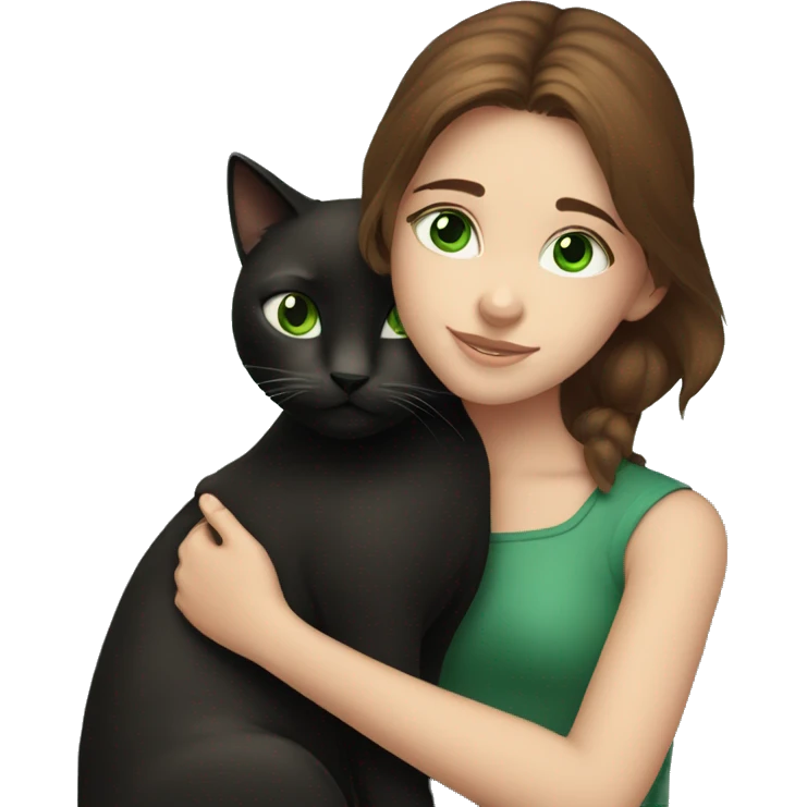 Blue-eyed brown-haired girl hugging black cat with green eyes emoji