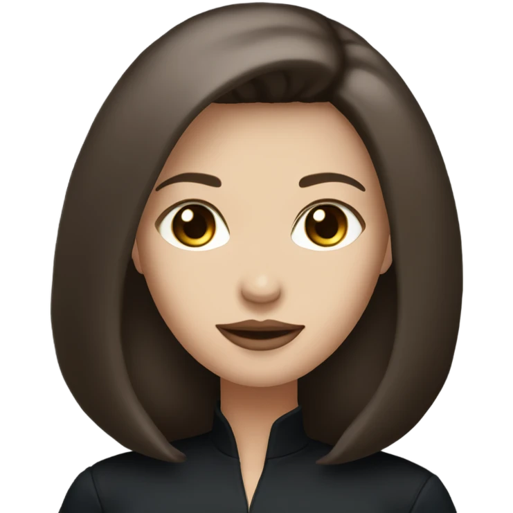 entire, white woman with straight long mid hair, dark brown hair, blue eyes, round face, uni-lips, wearing a black outfit, stylish. emoji