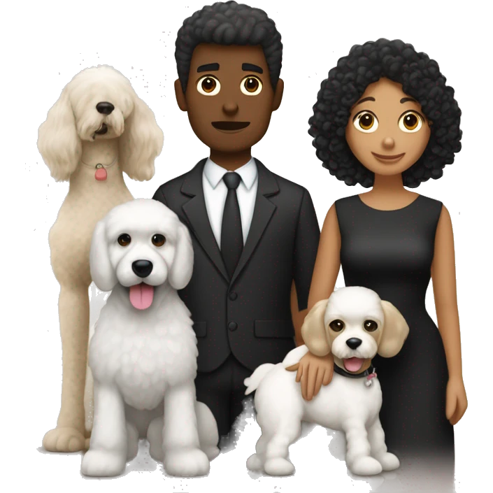 Una pareja, mujer blanca, cabello negro, hombre zambo y su perrita labrador poodle negro emoji