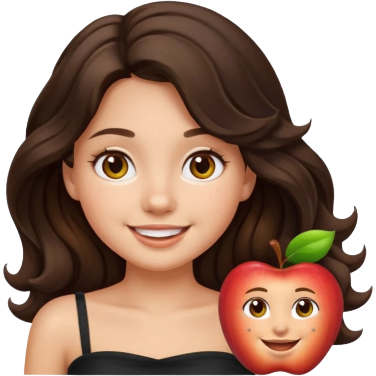Transform the girl into an iOS Apple emoji style with a round face, simplified features, smooth shading, large expressive hazel eyes, dark brown long wavy hair, wearing a black tube top, on a neutral background, matching the look of Apple emoji style. emoji