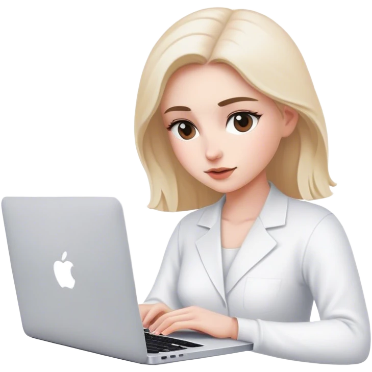 Mac book blanc avec une femme qui travaille sur l’ordinateur de dos dans un thème féminin minimaliste  emoji