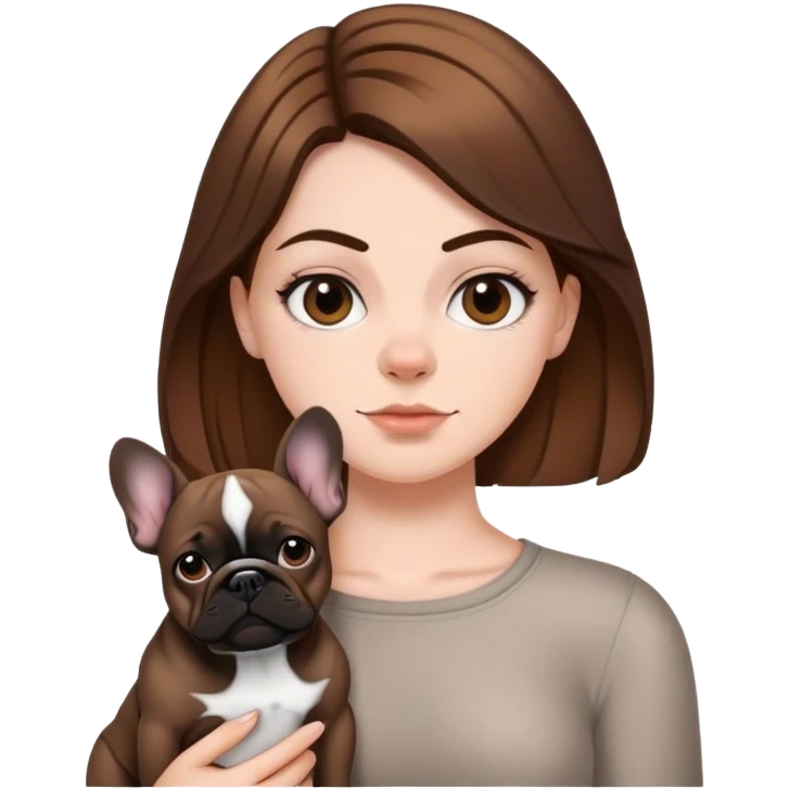 a white girl with brown hair with a black frenchie bulldog  emoji