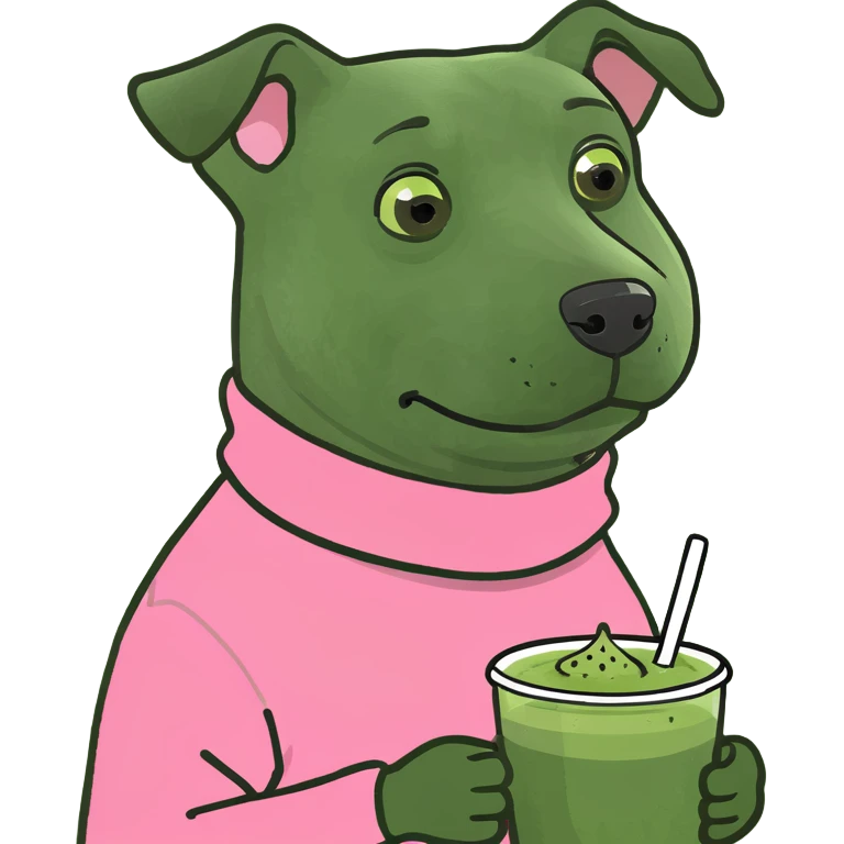 Clean girl dog with a pink sweater and a matcha emoji