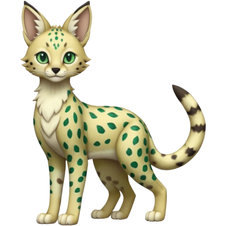 Epic complex detailed emerald-green dark-brown beige pastel realistic aesthetic-scenic-Fakémon-Sprigatito-Floragato-Meowscarada-Trico-Sergal-Serval-Vernid-creature (full body) emoji
