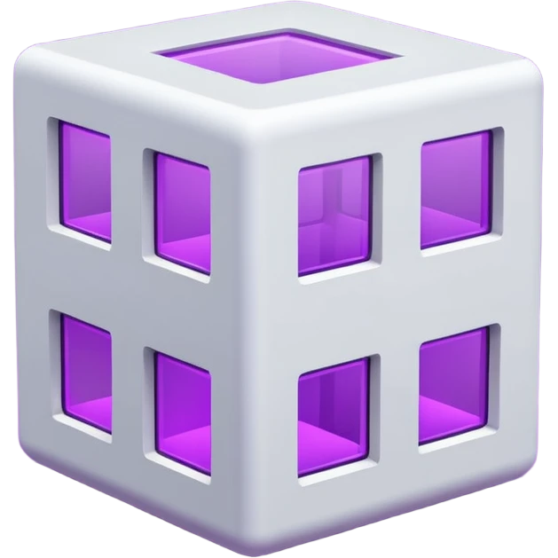 Сделай русскую панельку белого цвета. Она должна быть в виде куба, а также с окнами 3 на 3 на каждом фасаде. Некоторые окна неоново-фиолетовые. emoji