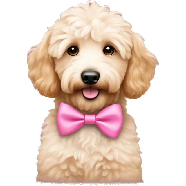 mini goldendoodle wearing pink bow emoji